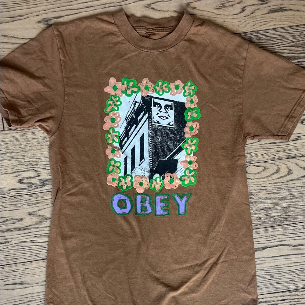 Obey Brown Short-Sleeve Tee with Floral Frame Graphic